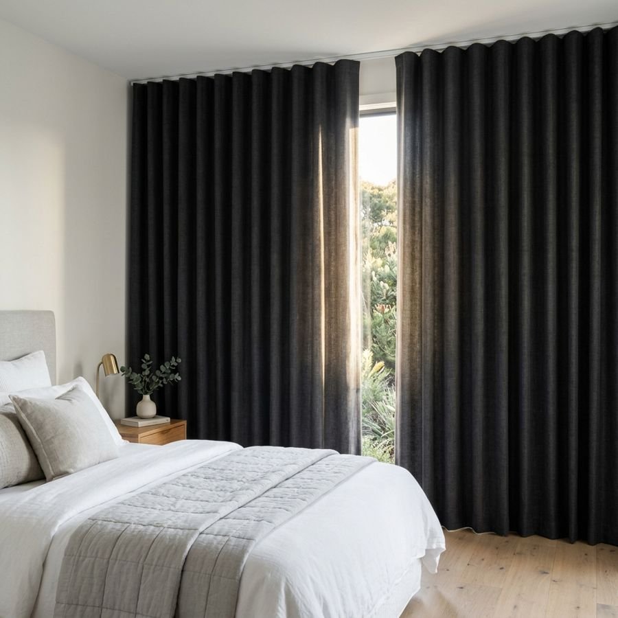 Graphite blockout curtains in a room