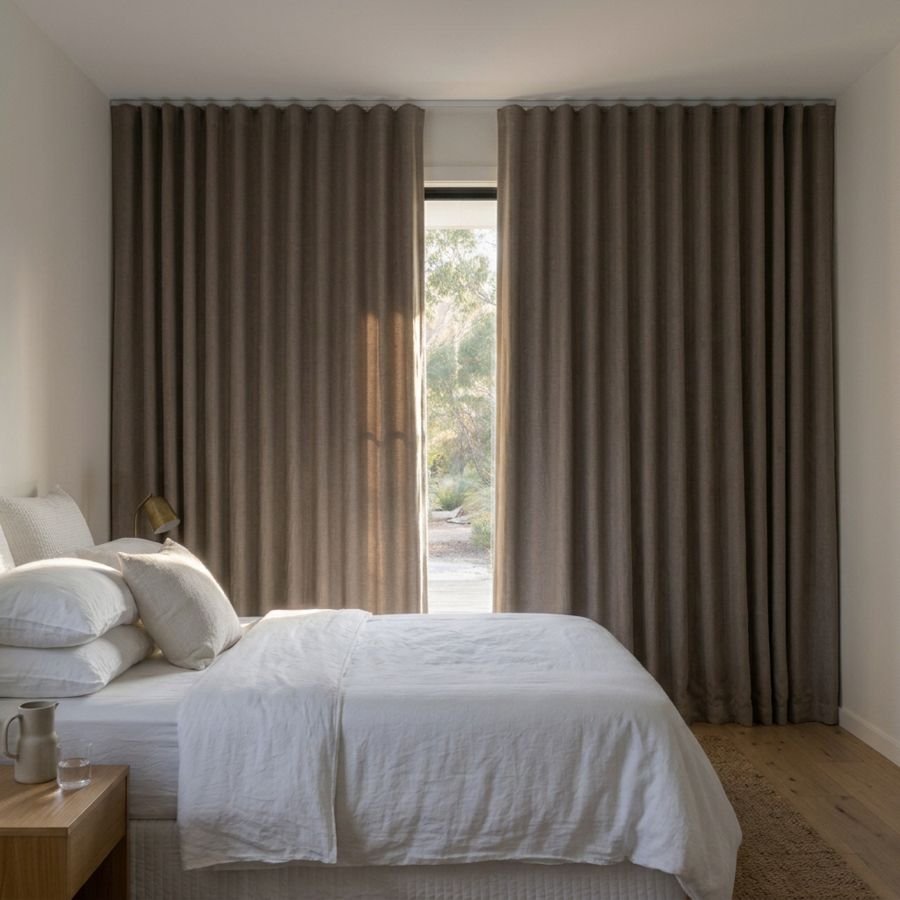 Taupe blockout curtains in a room